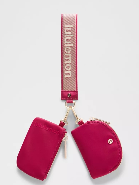 lululemon athletica Handbags - Lululemon Berry Rumble Metallic Gold Wordmark Dual Wristlet Wallet Keychain Set